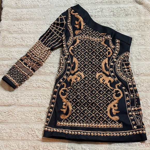 Dresses & Skirts - Black Gold Pearl Embellished One Shoulder Mini Dress | Statement